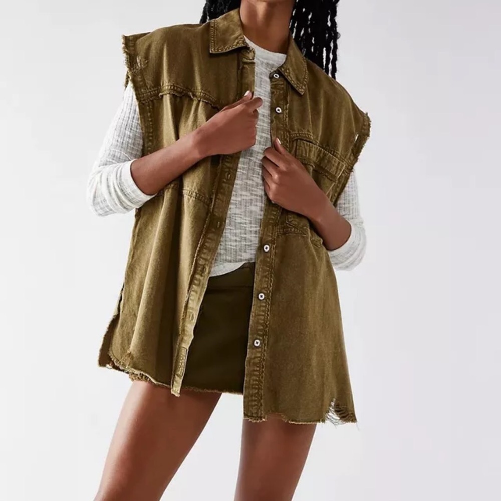 Free People Better Together Denim Tunic Top Khaki Green Small